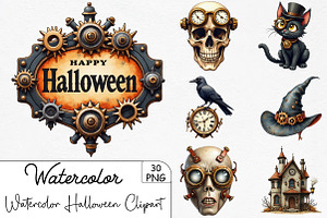 Watercolor Steampunk Halloween Clipa, an Illustration by CrexoraLab