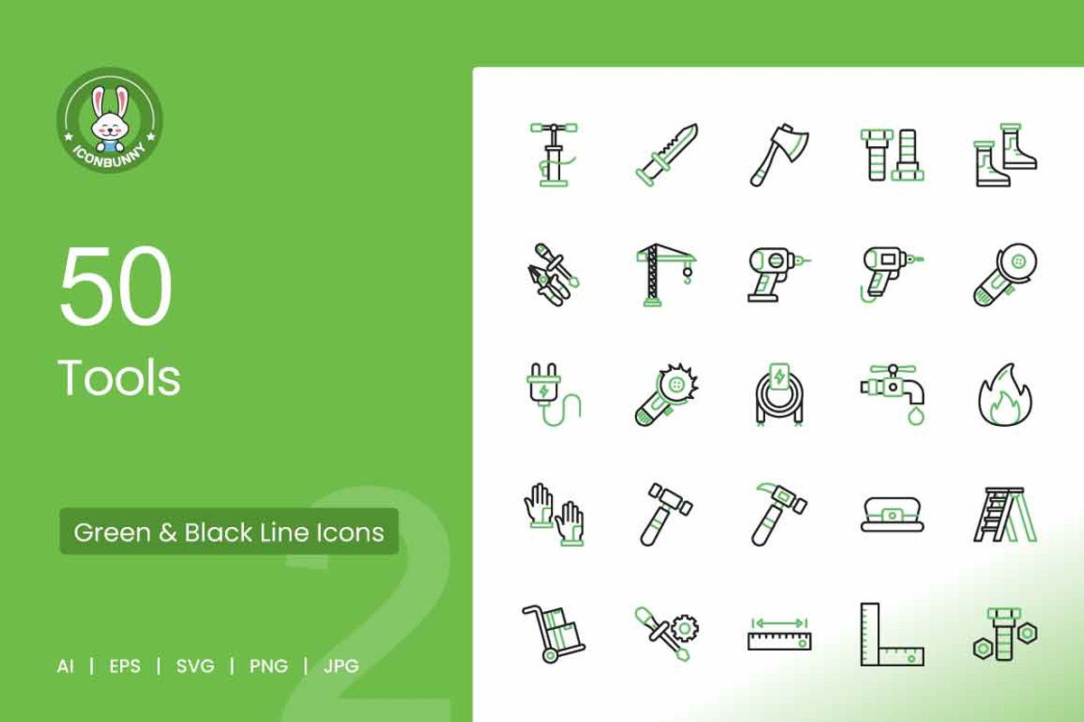 50 Tools Green & Black Icons, an Icon by IconBunny (Photo 1 of 2)