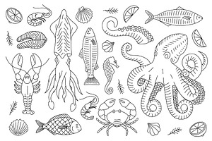 Seafood Outline Sketch Set. Sea