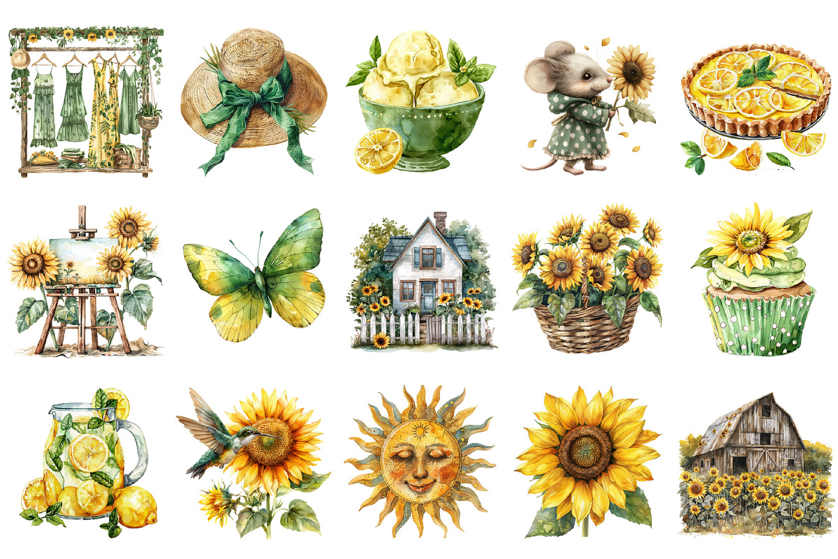 Watercolor Sunflower Summer Clipart, an Illustration by Design Market (Photo 3 of 5)