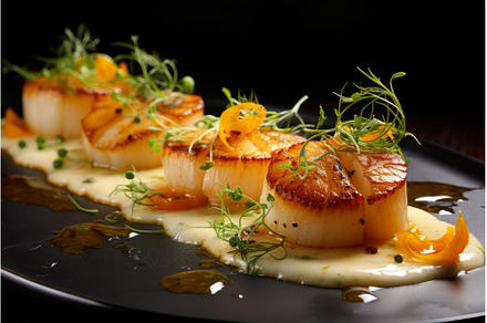 Savory Scallop dish served. Generate, a Food & Drink Photo by Ylivdesign