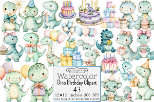Watercolor Dino Birthday Clipart, a Seasonal Illustration by Design Market