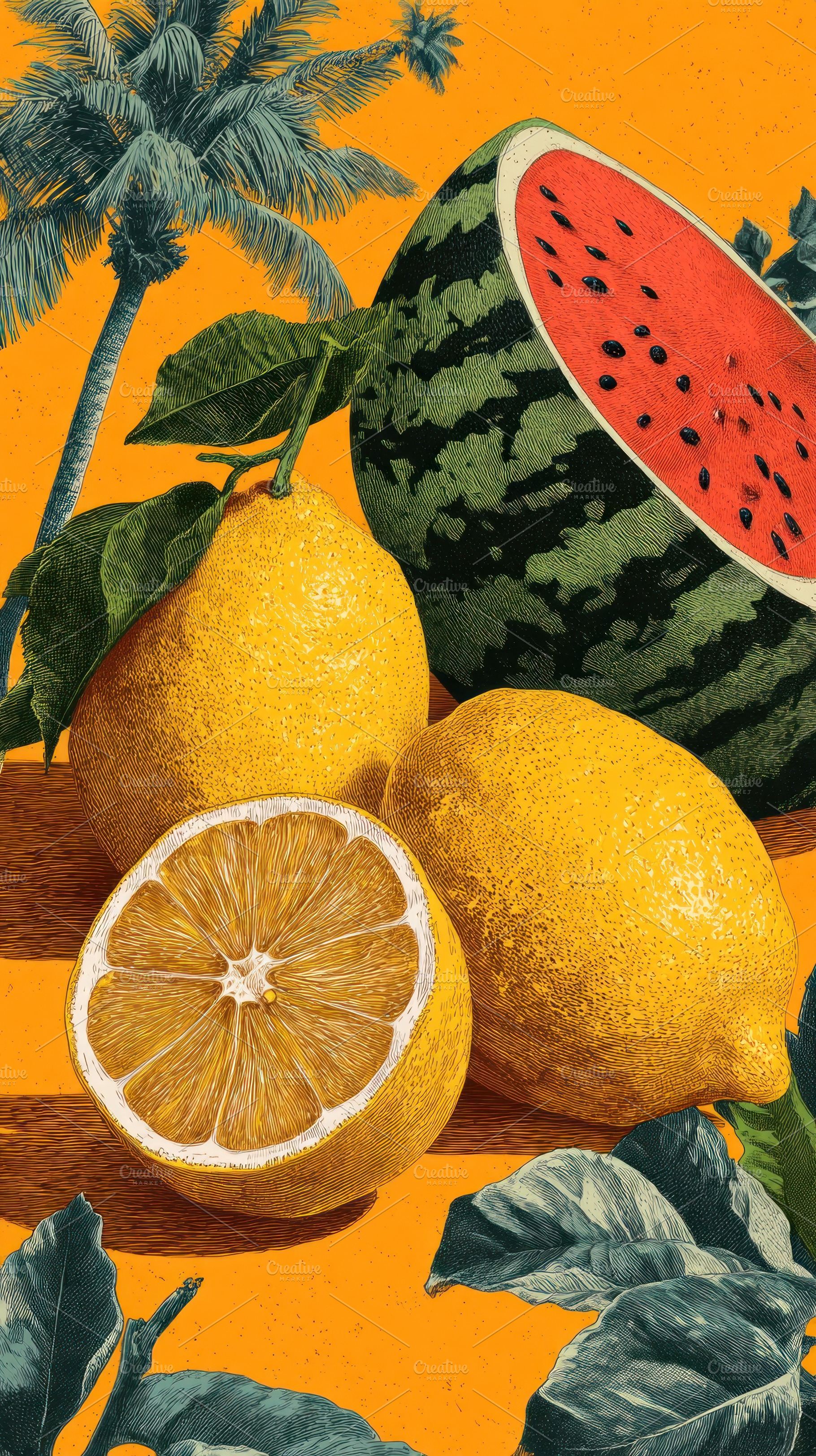 Vintage Engraved Tropical Still Life With Watermelon Lemon Citru, a Background Photo by José Manuel Gelpi
