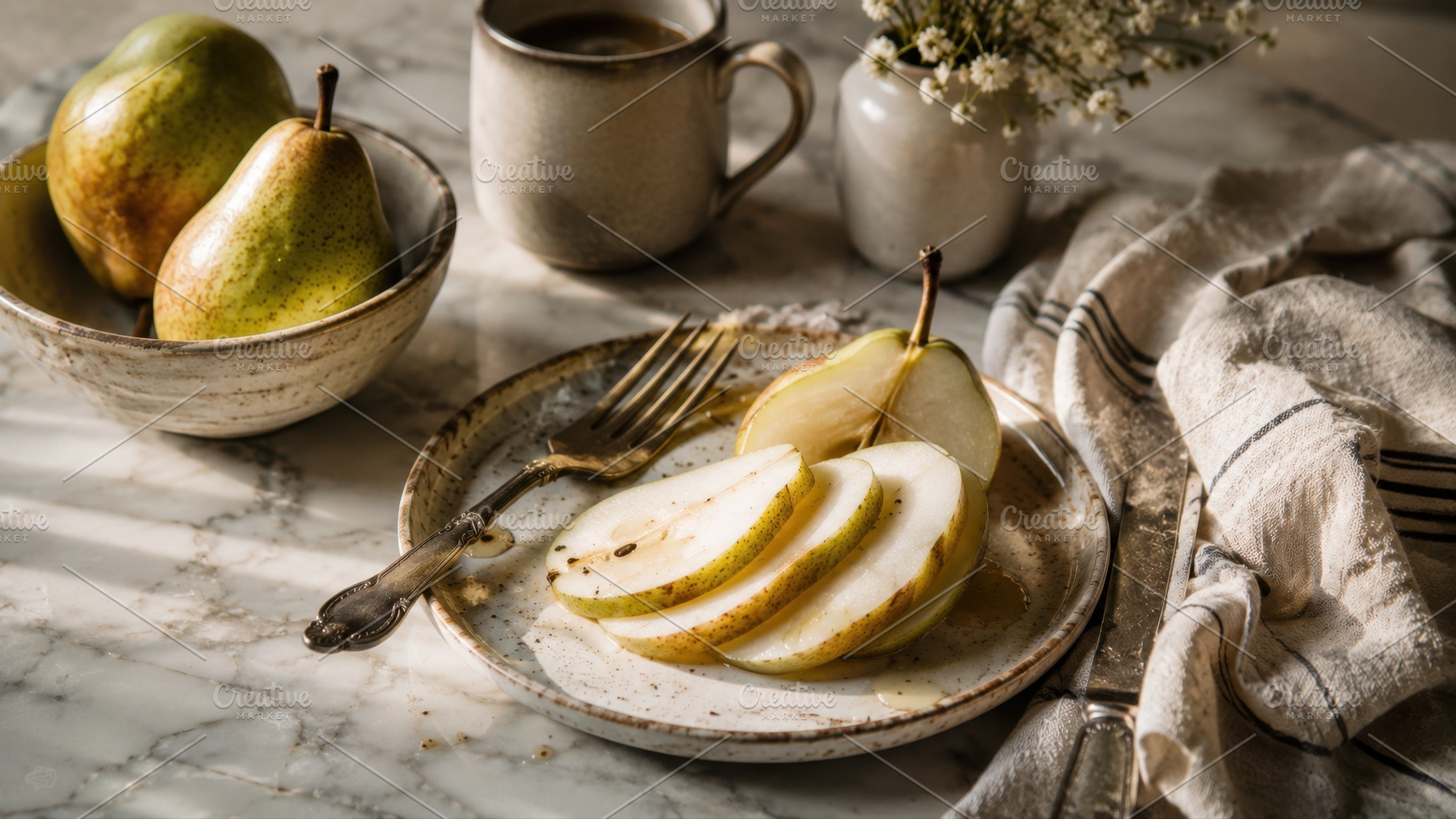 Fresh pears and coffee in a kitchen, a Photo by Beautiful things
