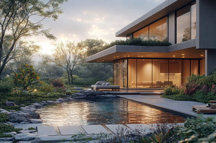 Modern house with infinity pool suns, an Abstract Photo by Pixeness