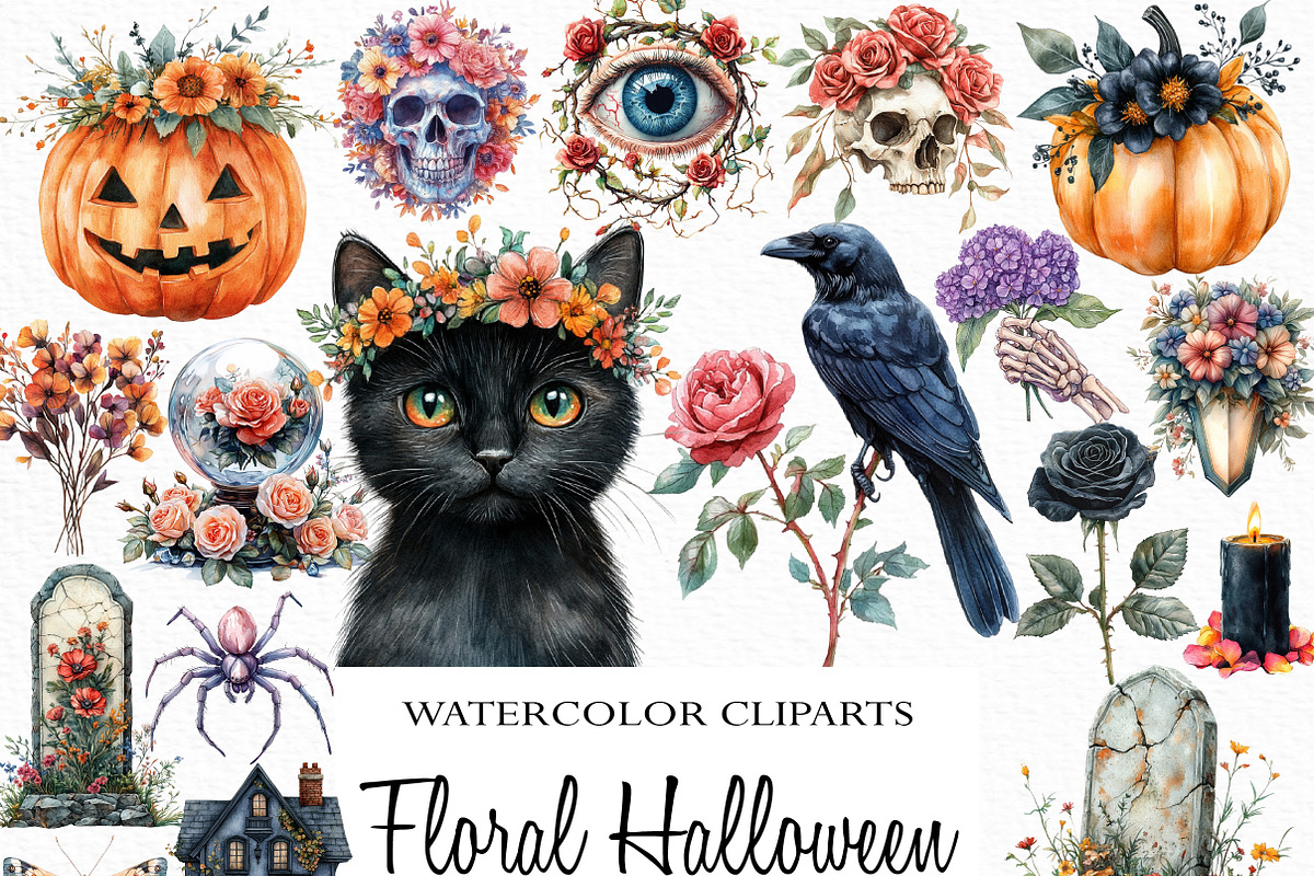 Watercolor Floral Halloween Clipart, an Illustration by Craft Nest (Photo 1 of 6)