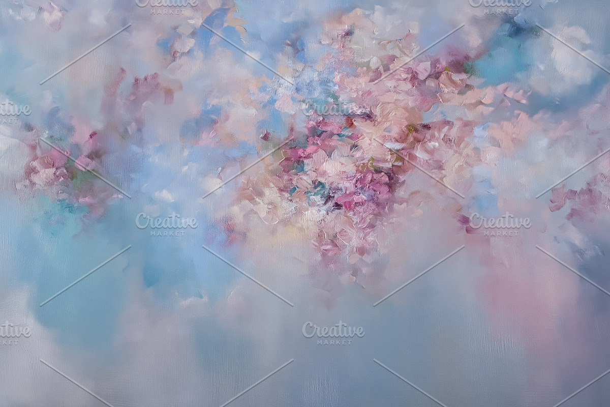 Abstract oil painting depicting light pink blossom against a sof, a Decorative Illustration by Studio ANNA