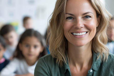 A Smiling Teacher in Classroom, a School & Education Photo by Virgo Studio