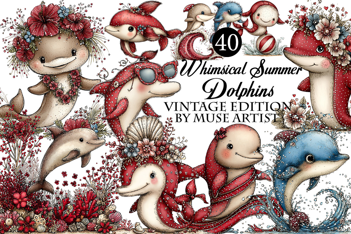 Whimsical Summer Dolphins Clipart, an Illustration by DreamArtGraphic (Photo 1 of 8)