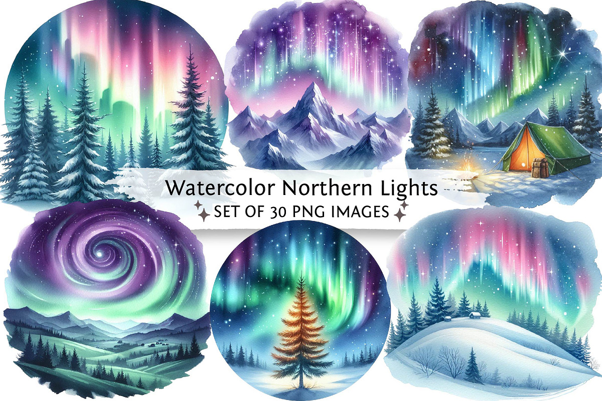 Watercolor Northern Lights Clipart, an Illustration by DreamPrint404 (Photo 1 of 6)