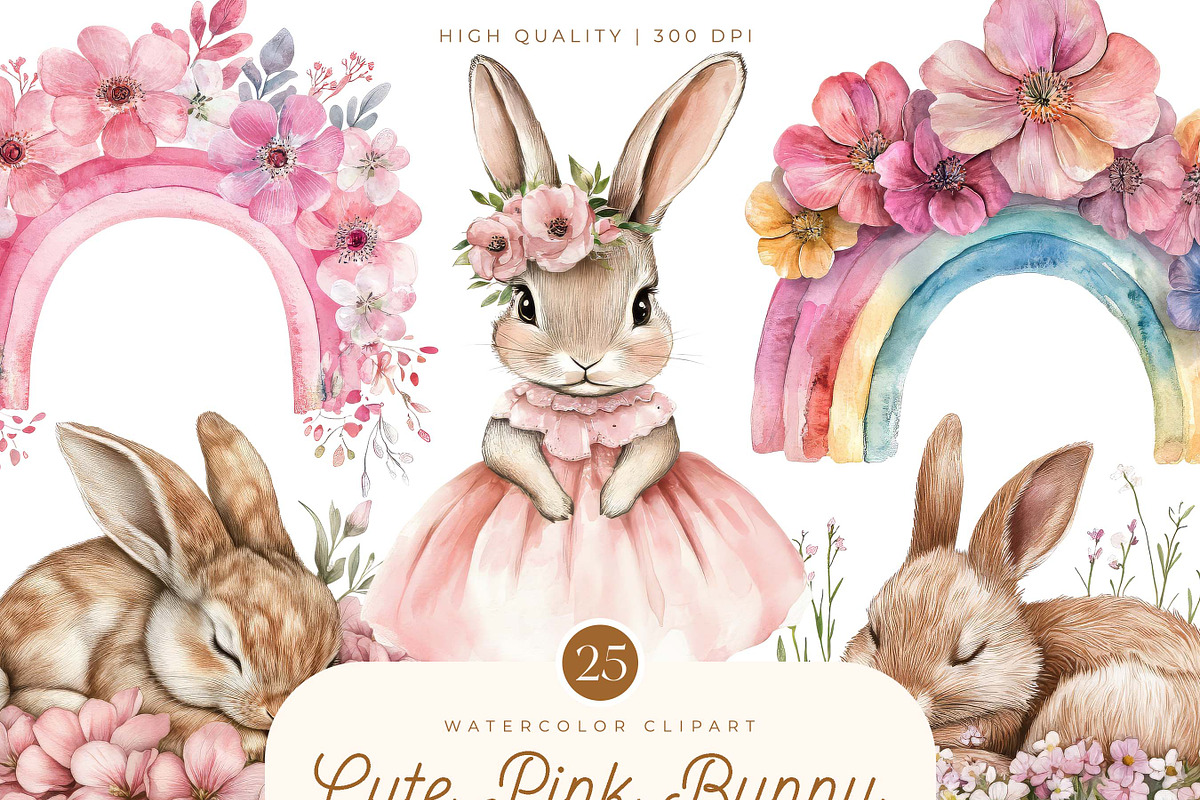 Watercolor Pink Bunny Clipart Bundle, an Animal Illustration by SparkyDesignsUS (Photo 1 of 8)