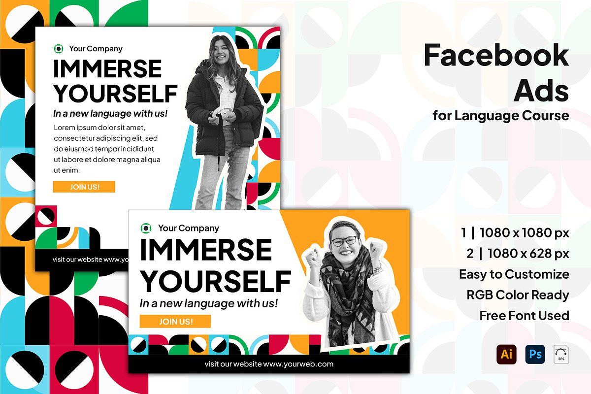 Language Course Facebook Ads, a Social Media Template by Esensifiksi.studio (Photo 1 of 3)