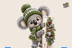 Snowy Koala Peeking by a Festive