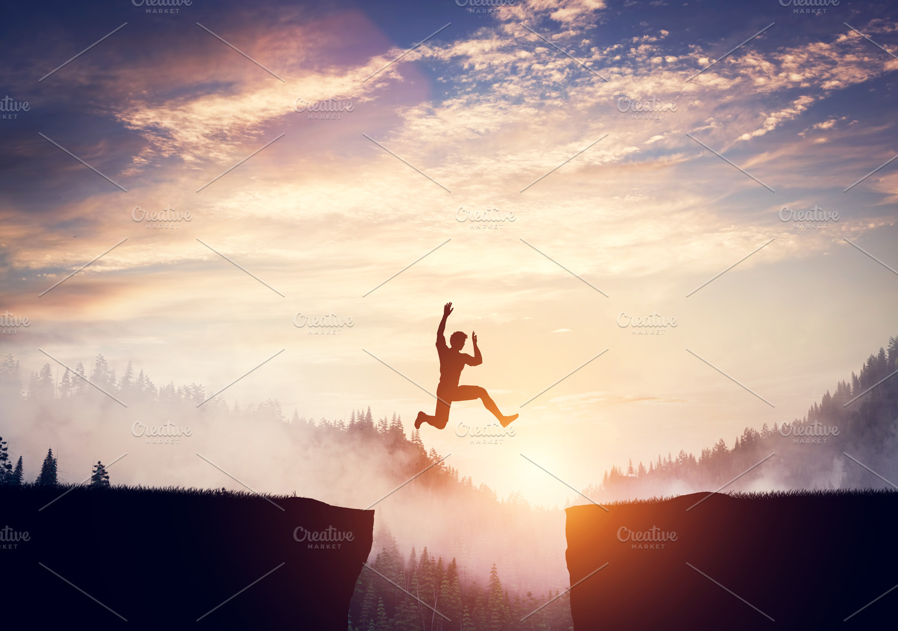 Man jumping between cliffs at sunset, a Person Photo by Photocreo Michal Bednarek