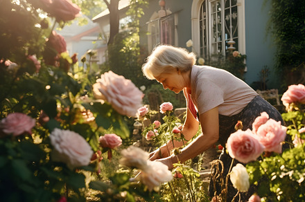 woman caring for roses in the garden, a Person Photo by OlgaPilnik