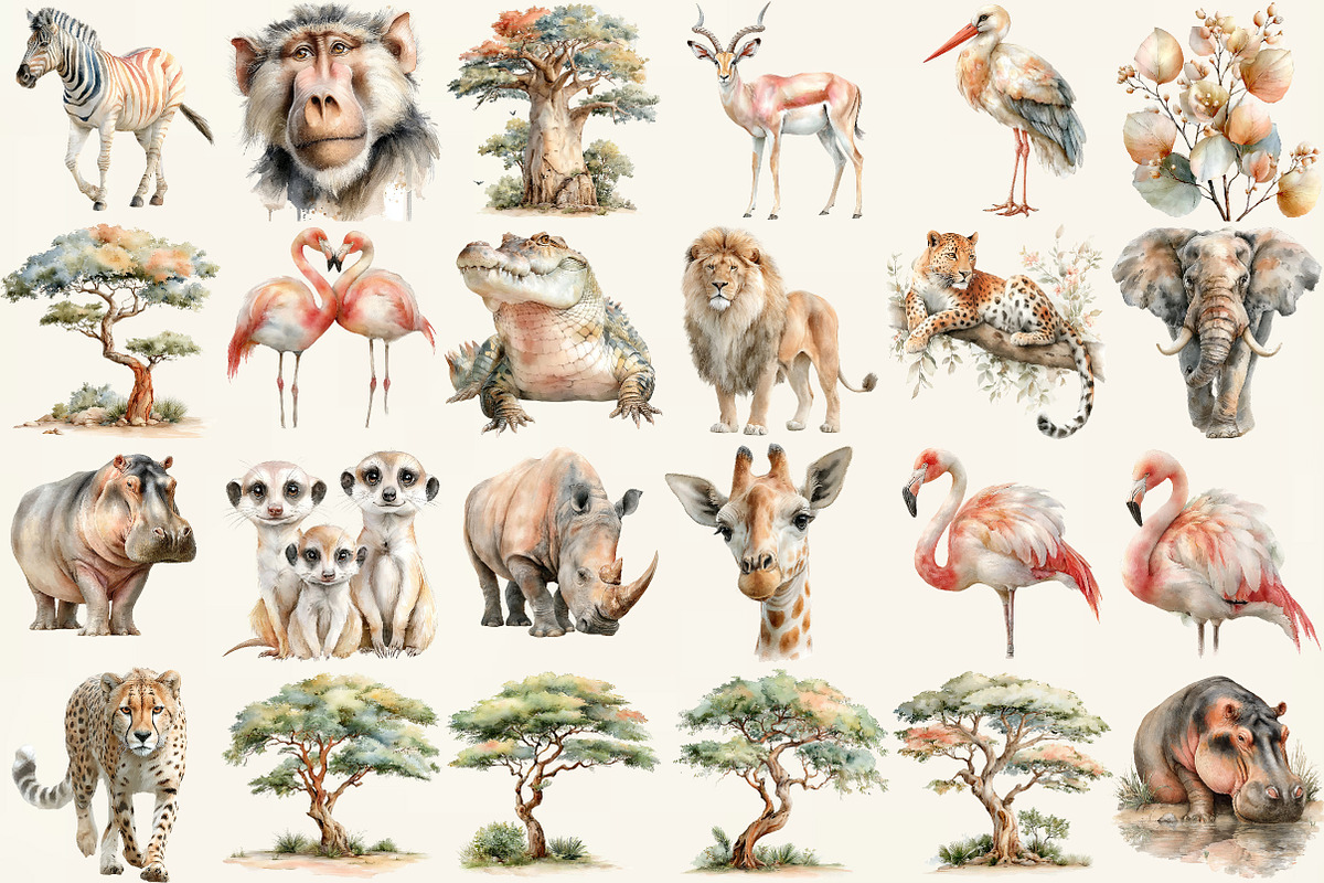 Watercolor Safari Animals Clipart, an Illustration by DreamCafeArt (Photo 2 of 6)