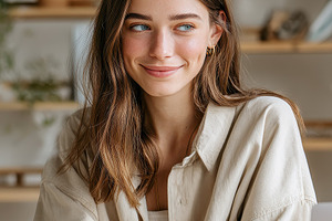 Woman smiling using smartphone at de, a Photo by Pixeness Studio