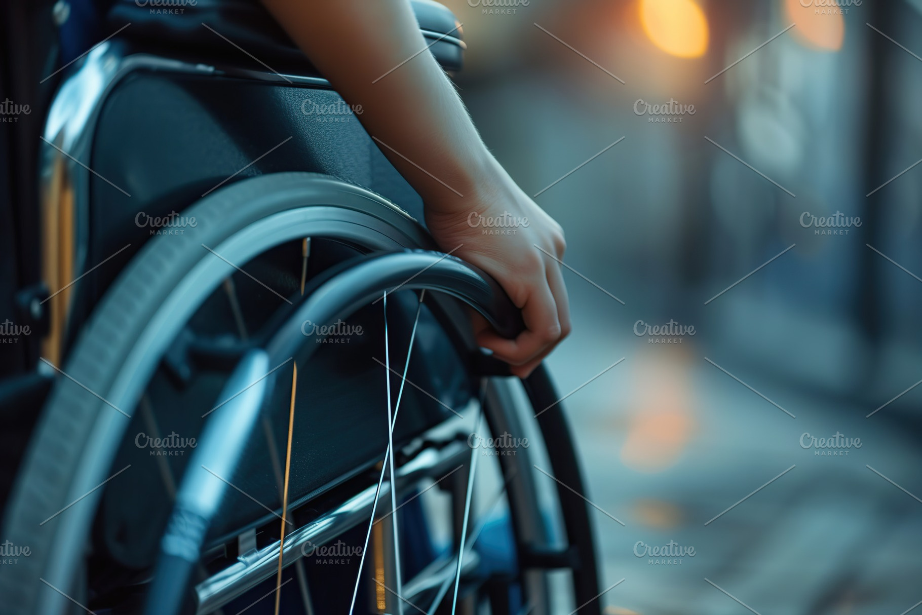 Male hand on wheelchair on blurred background, a Photo by AlyaAnd