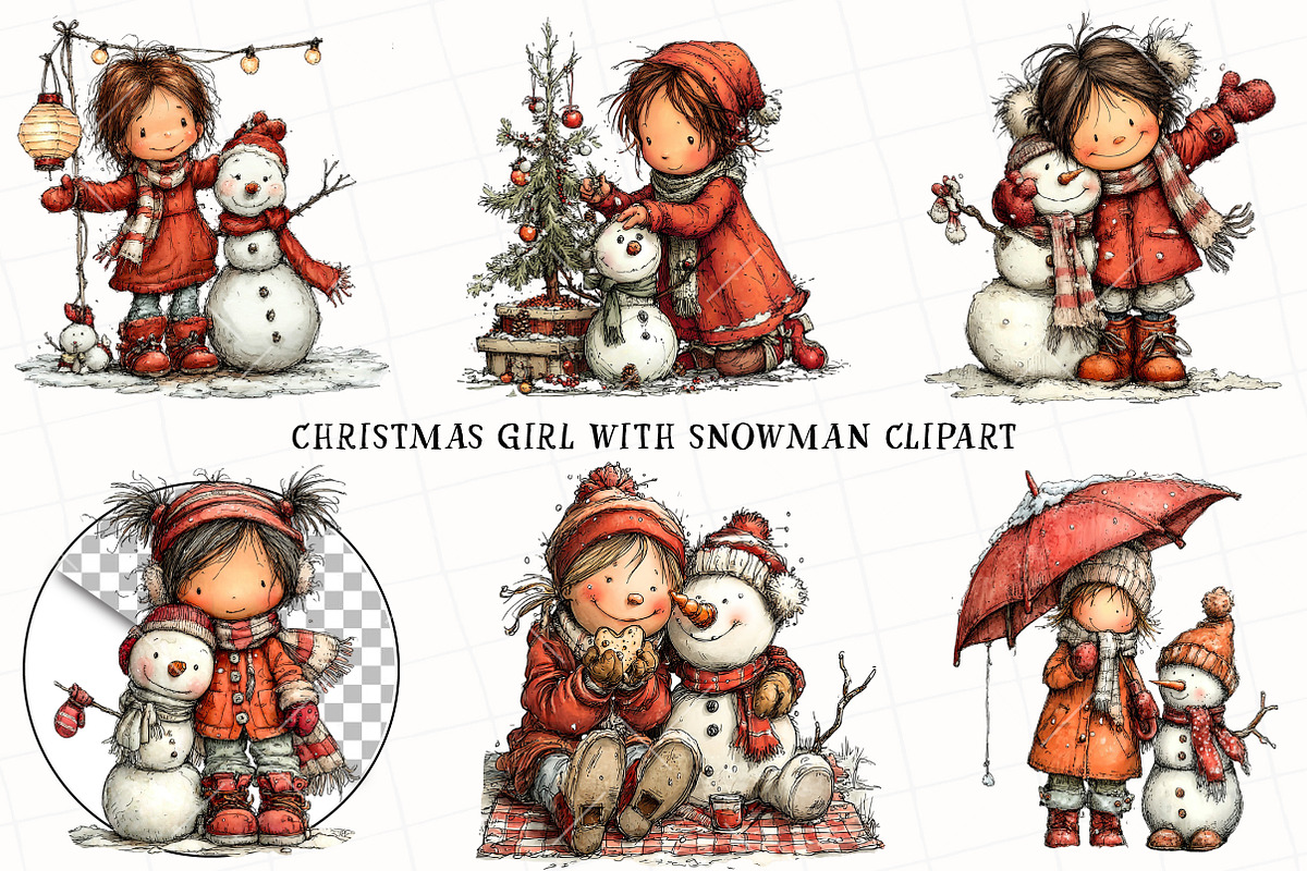 Christmas Girl & Snowman Clipart, an Illustration by OK Design (Photo 2 of 6)