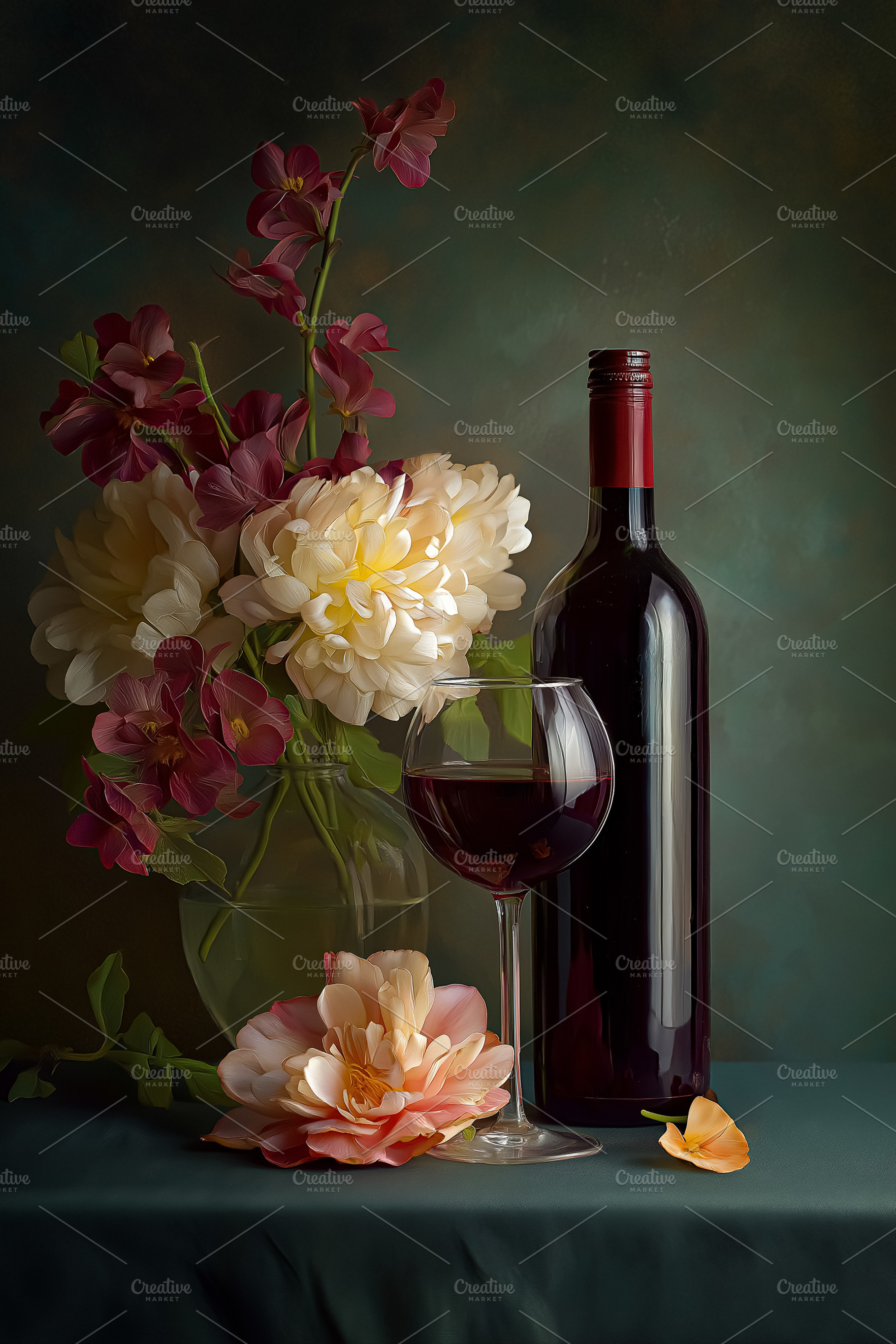 Romantic still life with red wine bottle, glass, and a bouquet of white peonies, a Food & Drink Photo by Studio ANNA