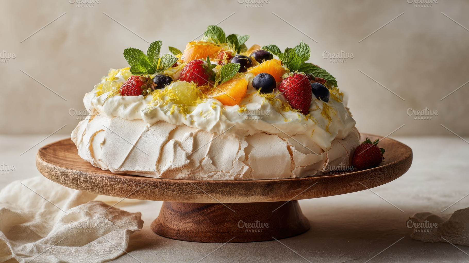Fruit pavlova on wood stand, a Photo by Beautiful things