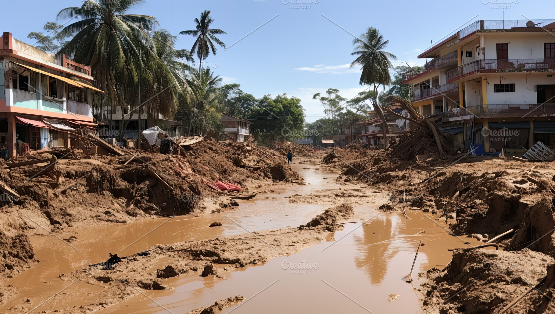 Flooding in an African country, with washed out roads, destroyed houses and pil, a Nature Photo by zakiroff