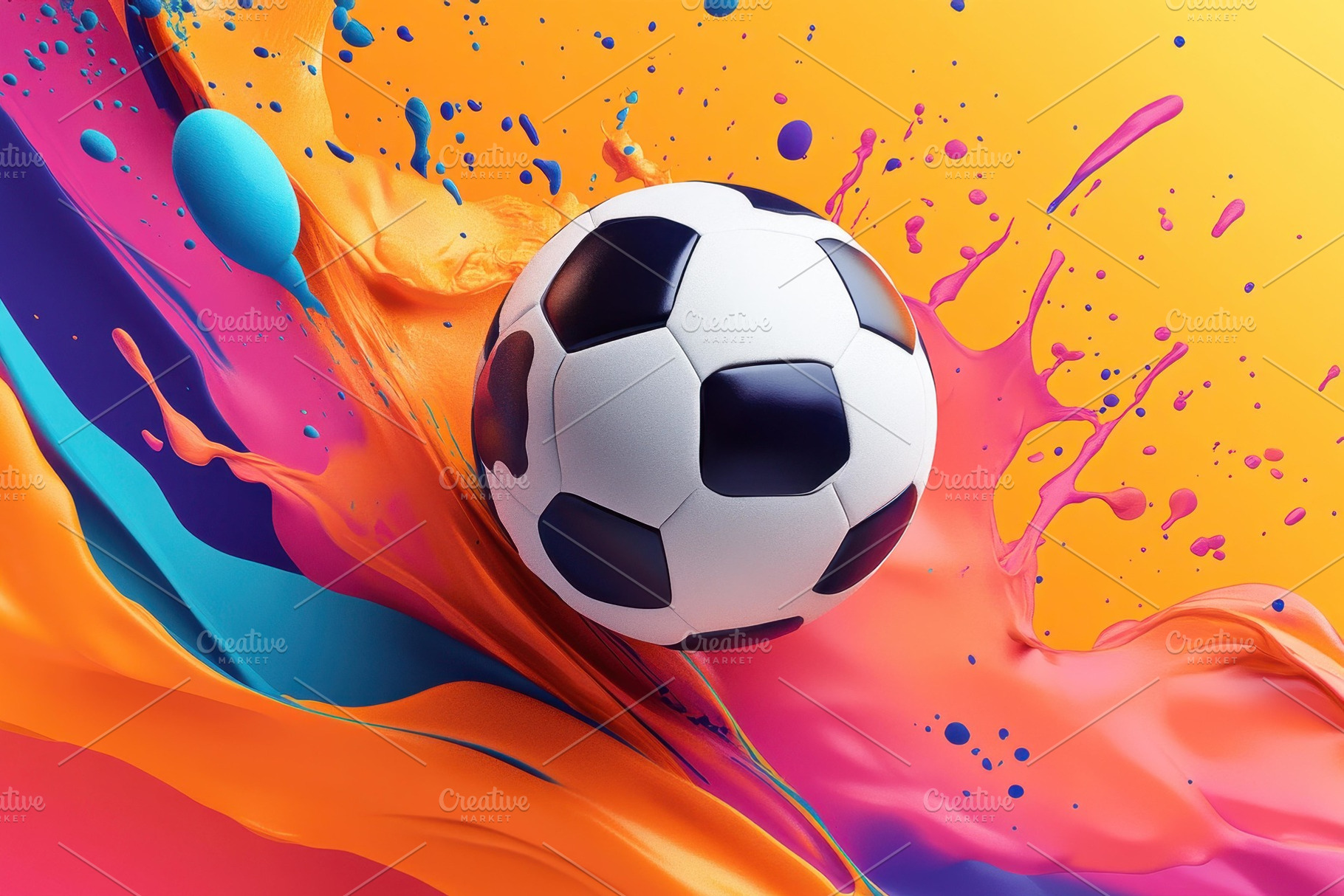 Colorful soccer ball splashing throu, a Photo by Tanuart