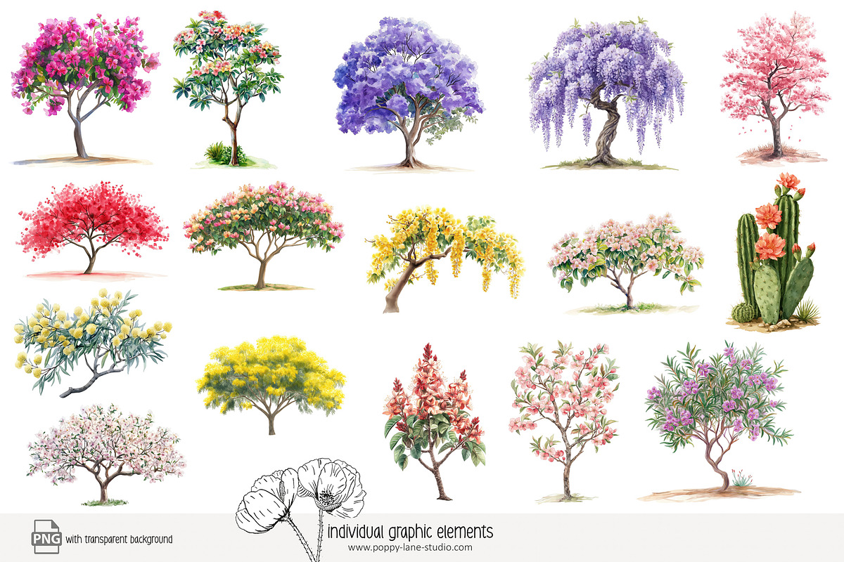100 watercolor floral trees clip art, a Seasonal Illustration by Poppy Lane Studio (Photo 10 of 12)