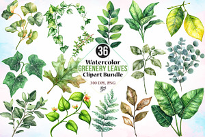 Watercolor Greenery Leaves Clipart, an Illustration by Canvas Craft