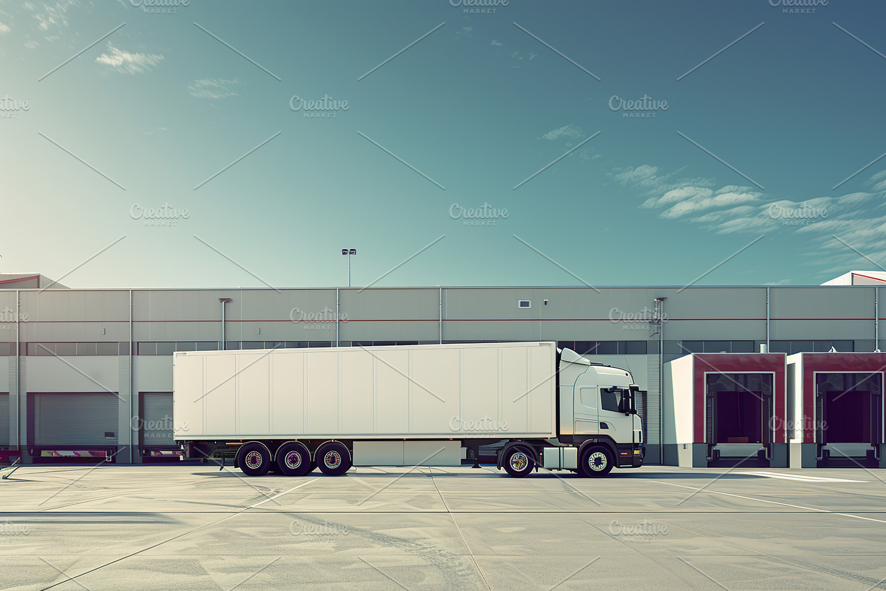 Modern cargo truck at warehouse logistics building, a Transportation Photo by AlyaAnd