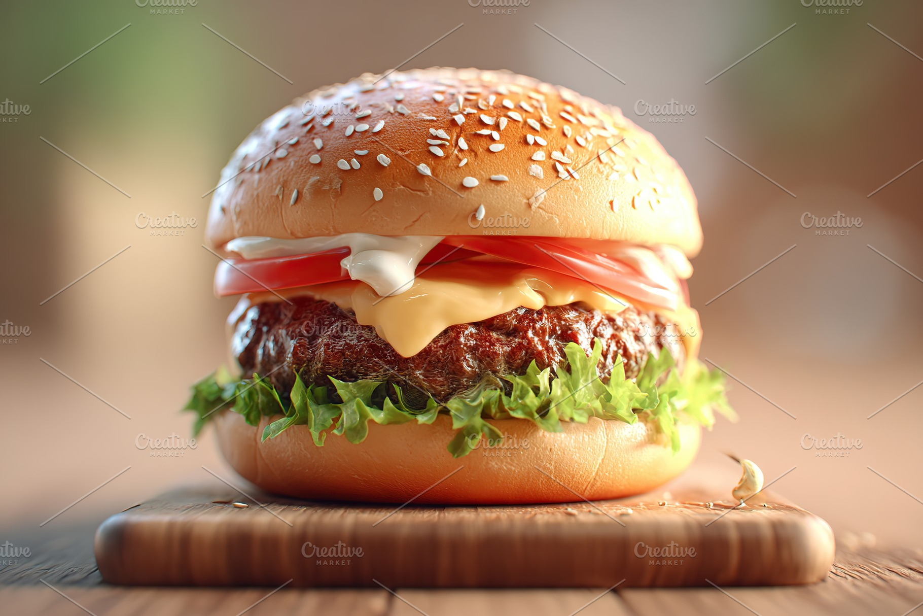 Delicious burger with lentil patty topped with lettuce and tomato served on a w, a Food & Drink Photo by AlyaAnd