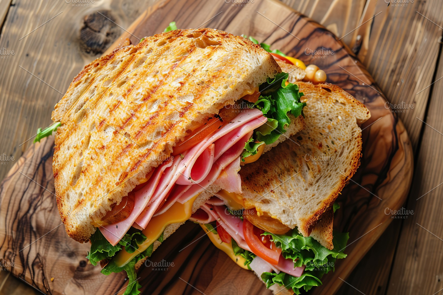 Toast sandwich with cheese, turkey ham, tomato and fresh lettuce on wooden tabl, a Food & Drink Photo by AlyaAnd