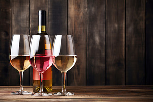 Bottle and glasses of red and white wine on wooden background, a Food & Drink Photo by AlyaAnd