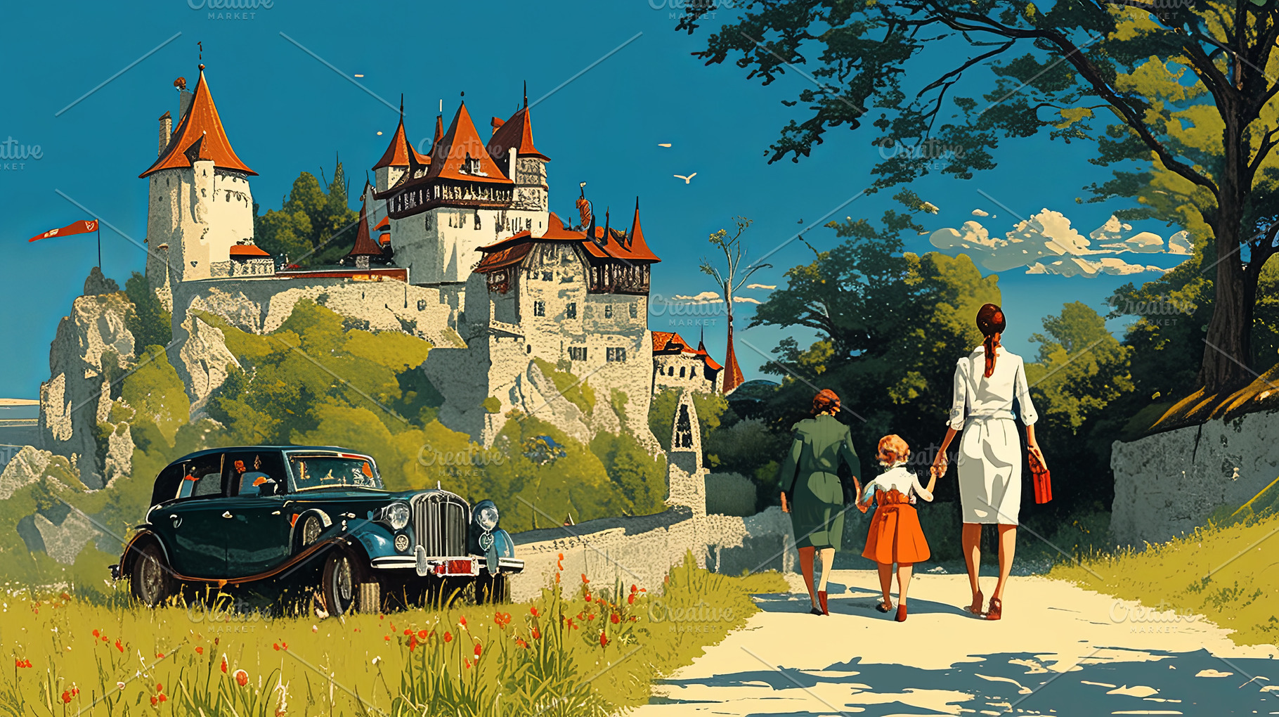 Family walking near medieval castle with vintage car in picturesque countryside, a Photo by AS photostudio