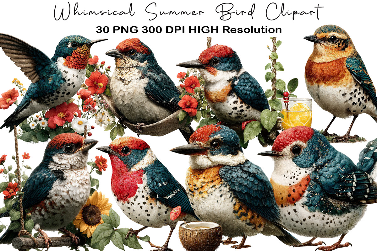 Whimsical Summer Bird Clipart, an Illustration by Black Bird Studio (Photo 1 of 5)