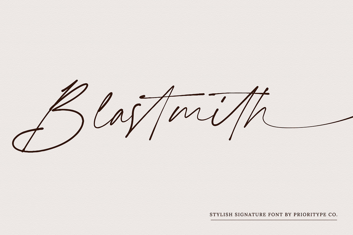 Blastmith - Stylish Signature Font, a Script Font by Prioritype Co (Photo 1 of 12)