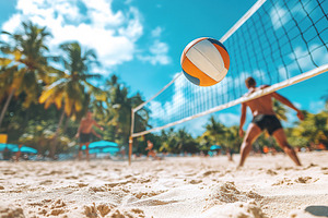 Exciting volleyball match on a sandy beachfront under a bright b, a Sports & Recreation Photo by AlyaAnd