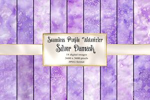 Purple and Silver Watercolor Damask