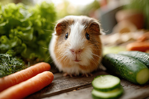 Cute guinea pig with fresh vegetables, an Animal Photo by AlyaAnd