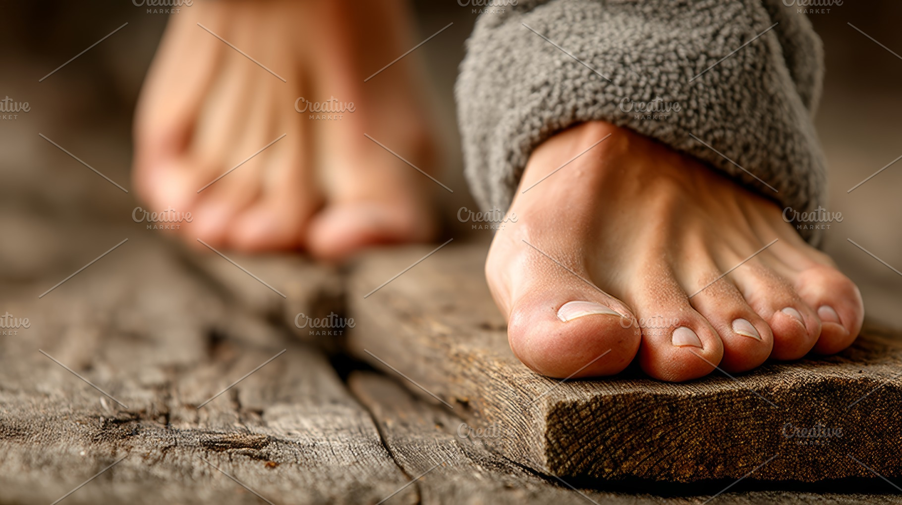 Close-up of bare feet resting on rustic wooden texture in warm light, a Photo by AS photostudio