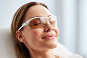 Woman relaxing with protective eyewear in a serene setting, a Person Photo by AlyaAnd