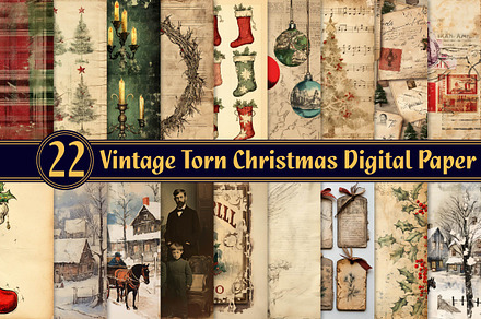 Vintage Torn Christmas Digital Paper, an Illustration by CreationArt