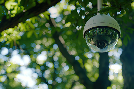 Modern public CCTV camera on blurred green park background, a Technology Photo by AlyaAnd
