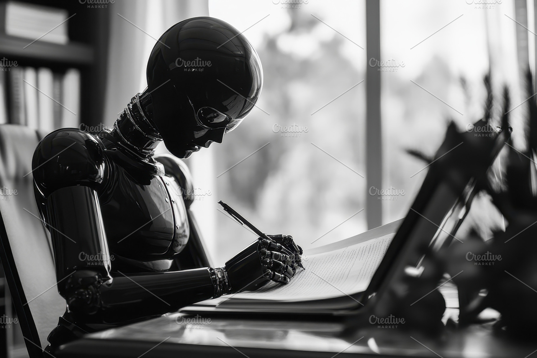 Robotic figure engaged in writing at, a Photo by Tanuart