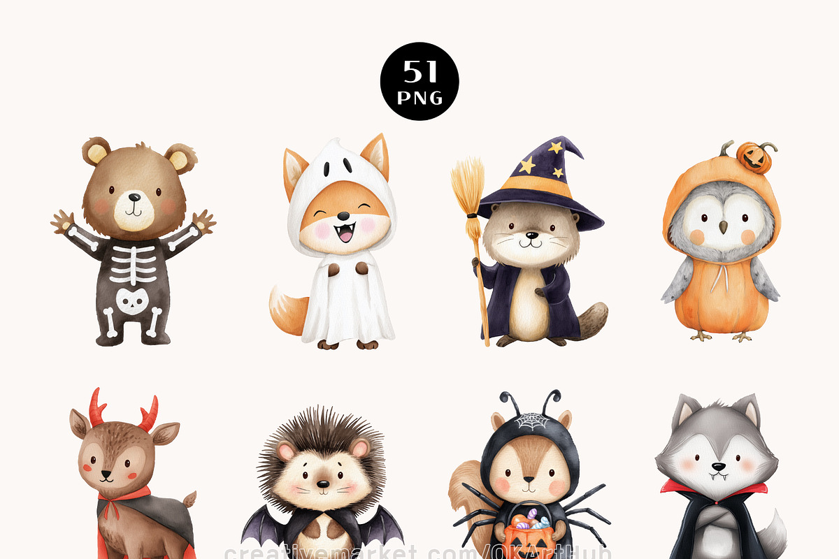 Halloween Woodland Animals Clipart, a Seasonal Illustration by OKArtHub (Photo 3 of 6)