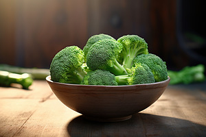 Green ripe broccoli in bowl on wooden background, a Food & Drink Photo by AlyaAnd