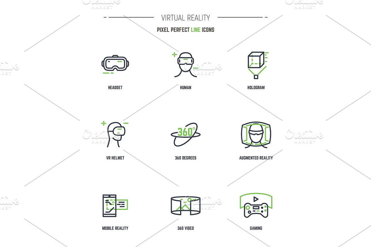 9 VR line icon set, a Technology Illustration by SkyVectors