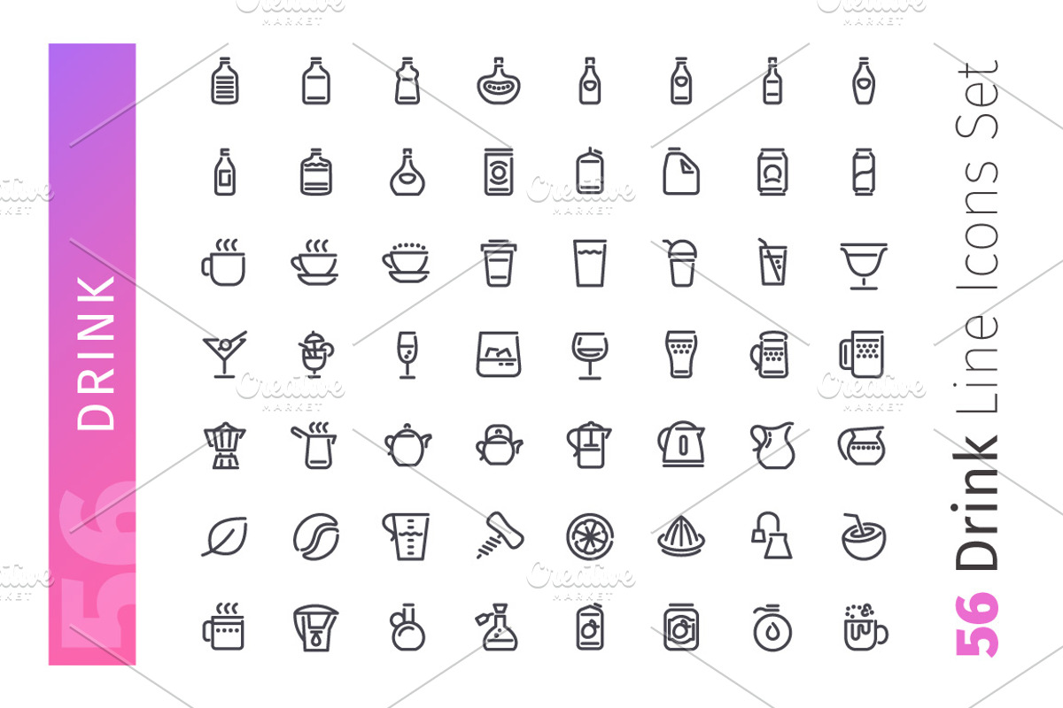 Drink Line Icons Set, an Outline Icon by Voysla's Shop (Photo 2 of 4)