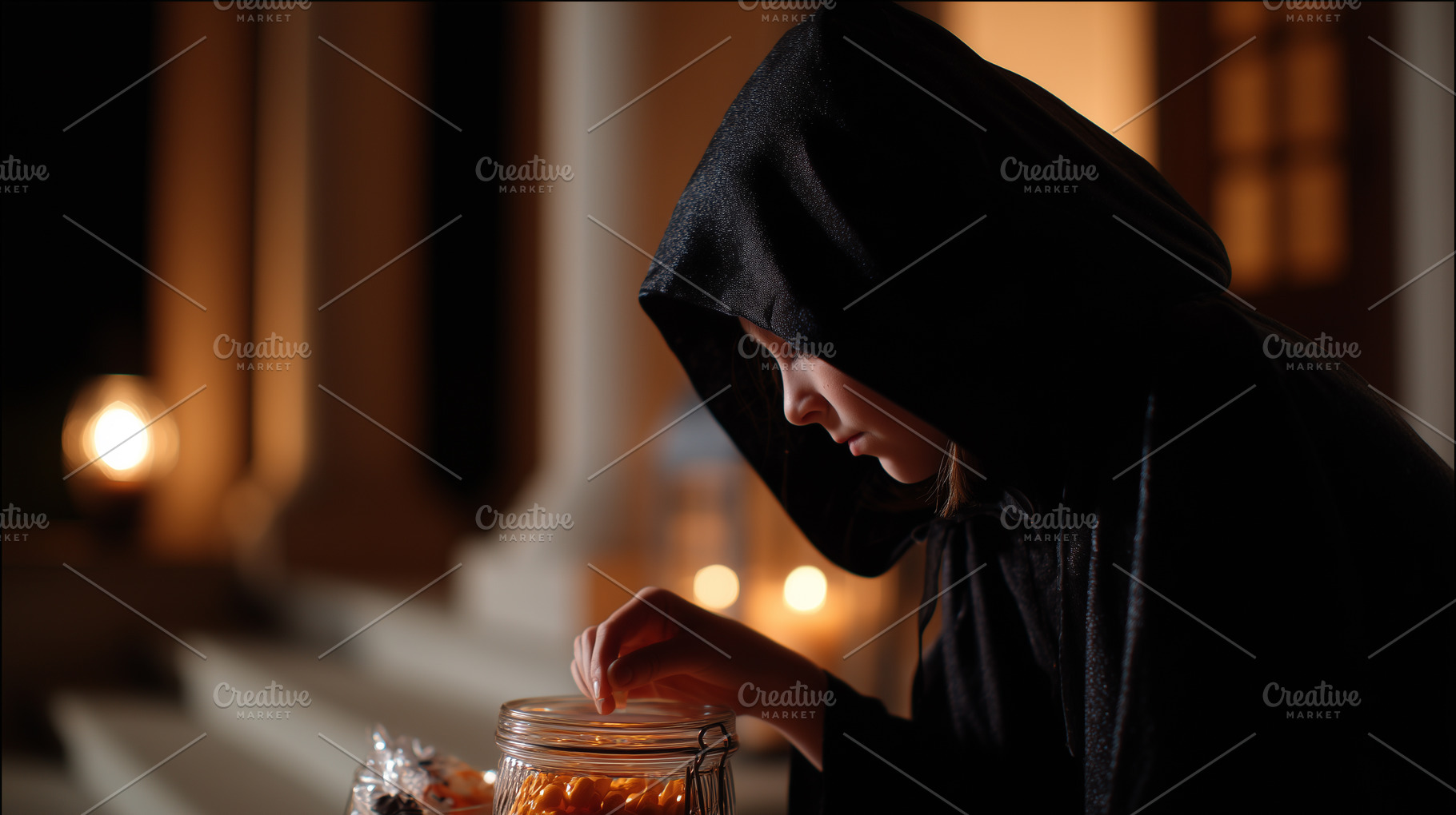Child in a dark hooded costume reach, a Holiday Photo by MistyDay