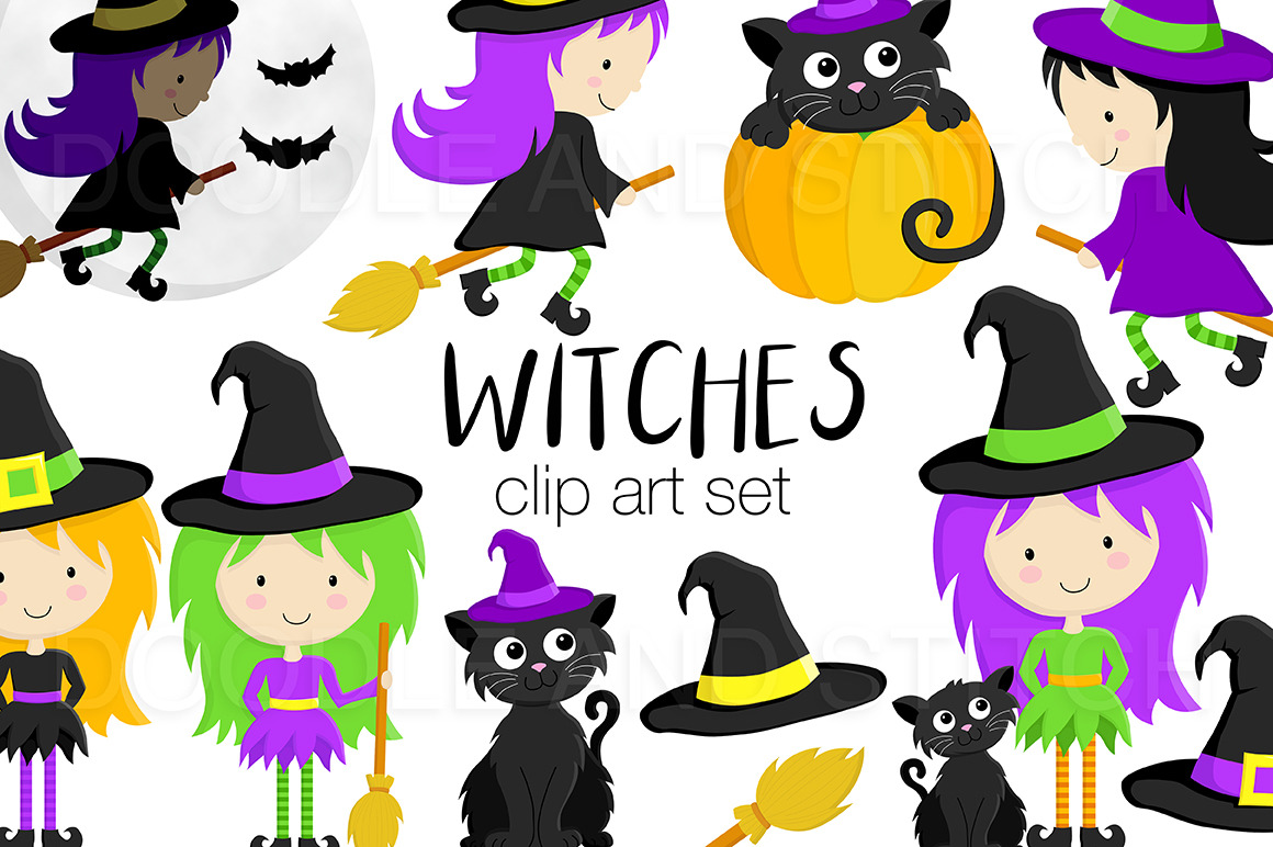 Halloween Witch Clipart Designs, an Illustration by Doodle and Stitch